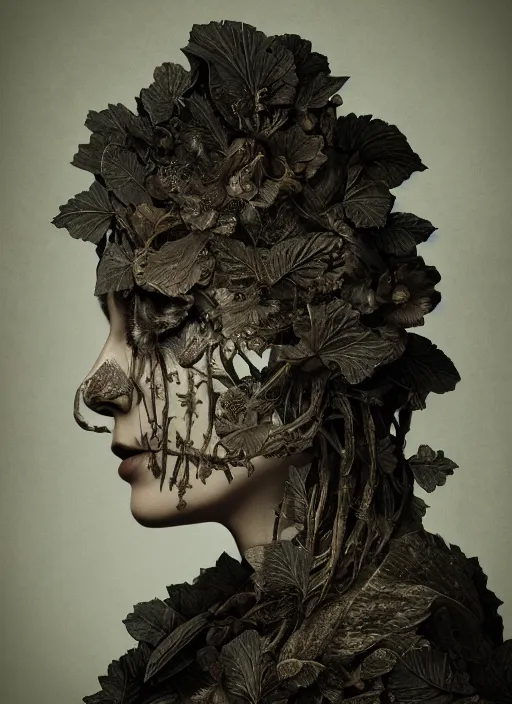 Prompt: a woman's face in profile, made of leaf skeletons, in the style of the Dutch masters and Gregory Crewdson, dark and moody intricate traditional Chinese textures, rococo decorations, hyper detail, Unreal engine,Octane render, by Karol Bak
