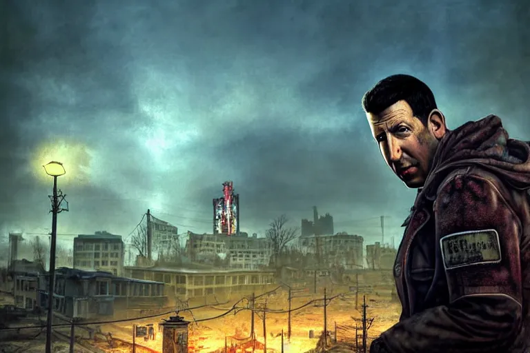 Prompt: fallout 5, adam sandler closeup, portrait, outdoors european cityscape, atmospheric lighting, painted, intricate, volumetric lighting, beautiful, daytime, winter, clear weather, mutated wildlife, sharp focus, deep colours, ultra detailed, art by william turner