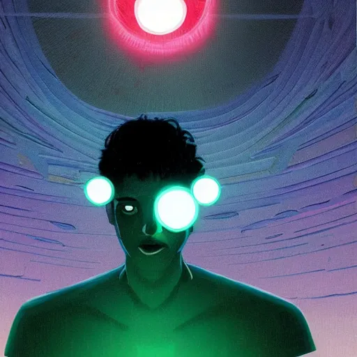 Image similar to portrait of a confident skinny young man with wavy brown hair becoming an omniscient being with huge glowing eyes , high detail, concept art, neon color, vivid color, floating particles, glowing green eyes, background by john harris + david a. hardy, artwork by jean giraud + goro fujita