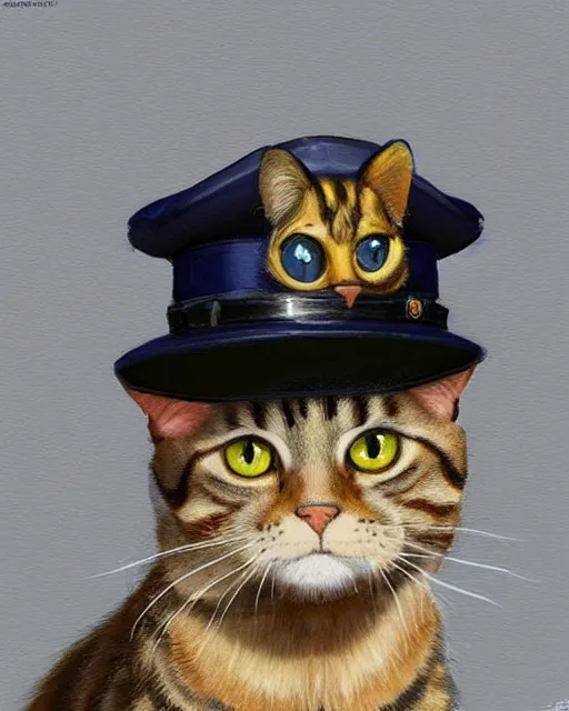 Prompt: a tabby cat wearing a police hat. By Makoto Shinkai, Stanley Artgerm Lau, WLOP, Rossdraws, James Jean, Andrei Riabovitchev, Marc Simonetti, krenz cushart, Sakimichan, trending on ArtStation, digital art.