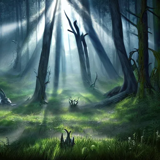 Prompt: an ecological gothic scene, witch runes in the deep forest, magical clearing, sunshafts, dramatic lighting, dust mites floating in the sunlight, 4 k digital concept art
