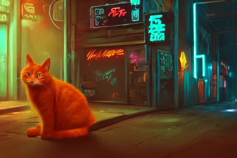 Image similar to ginger cat in the alley, neon lighting, rendered in unreal engine, trending on artstation, cyberpunk