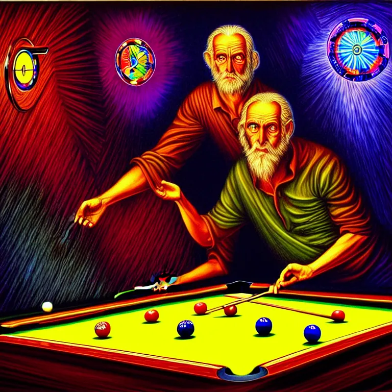 Image similar to portrait of god playing pool in a vortex, highly detailed digital art, by alex grey, chiaroscuro, awe inspiring