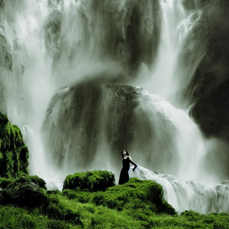 Prompt: dark and moody 1 9 8 0's artistic color spaghetti western film, a woman in a giant billowing wide long flowing waving shining bright white dress, standing inside a green mossy irish rocky scenic landscape, huge waterfall, volumetric lighting, backlit, atmospheric, fog, extremely windy, soft focus