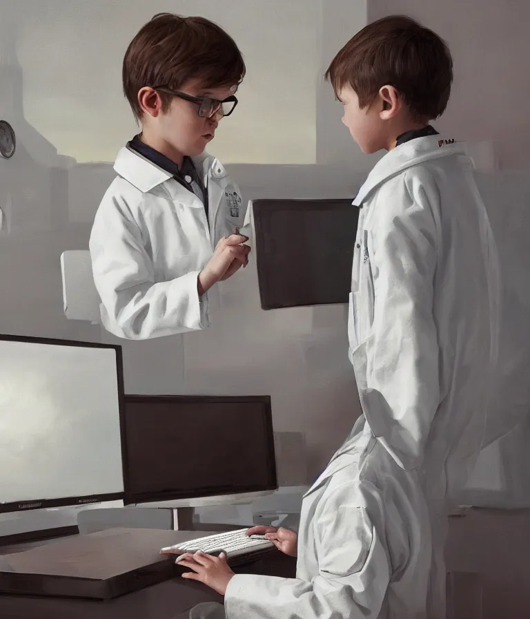 Image similar to a portrait of a smart child in a white coat in front of a computer and screens in a painting from stalenhag, 4 k, 8 k, hdr, artstation