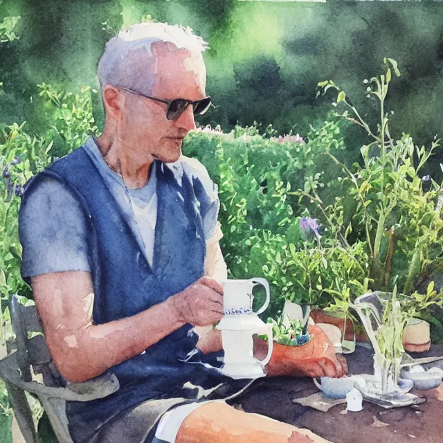 Prompt: john johnson drinking rooibos tea in the garden. watercolor by the award - winning concept artist