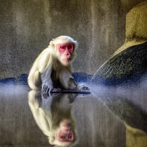 Image similar to Japanese white macaque in a hot pool, award winning photography, cinematic, steam rising off the water