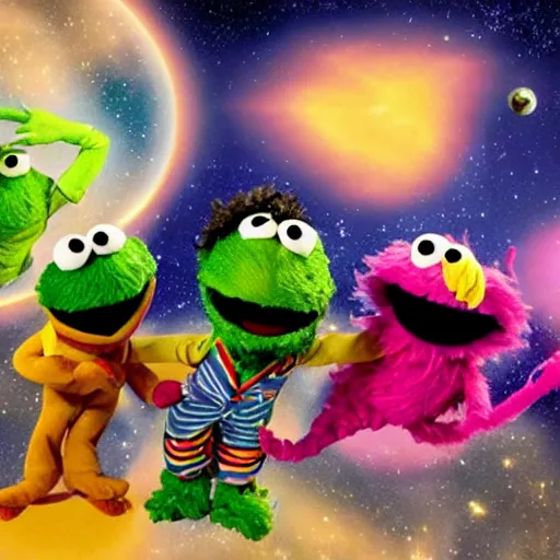 Prompt: yipyip aliens sesame street flying a ufo through space