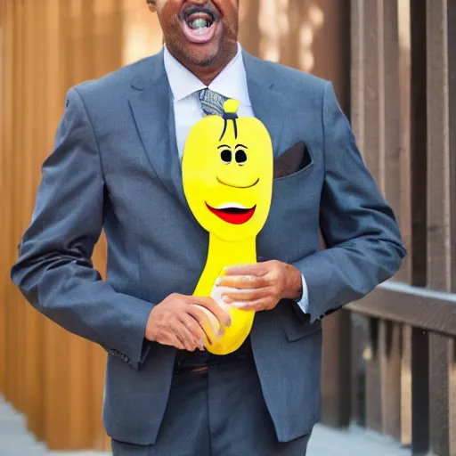 Image similar to a person with a banana head wearing a business suit