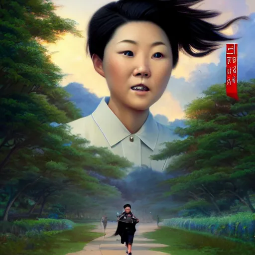 Image similar to portrait of a north korean woman running, an oil painting by ross tran and thomas kincade, studio ghibli