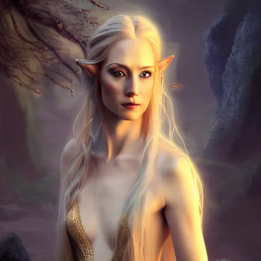 Image similar to portrait of a female elven wizard in flowing sensual dress, long flowing hair, delicate, looking at camera, slightly smiling, stylish, elegant, extremely detailed painting inspired by Gerald Brom, octane render, epic lighting