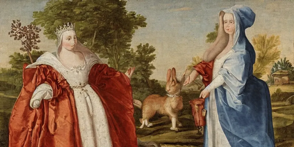 Image similar to a rabbit dressed as a queen, wearing a white robe, 17th century oil painting