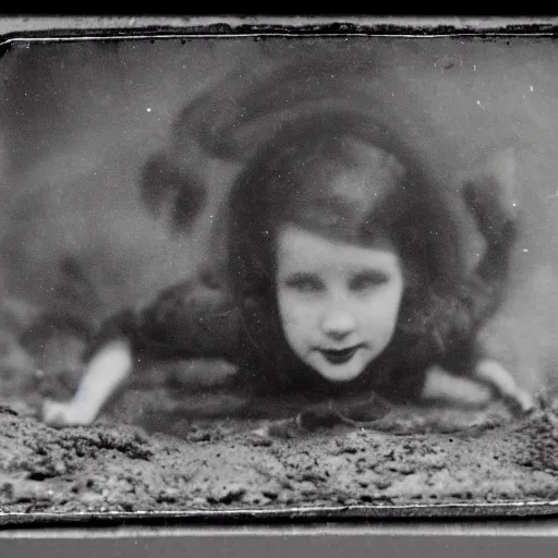 Image similar to tintype photo, swimming deep underwater, kid with huge centipedes