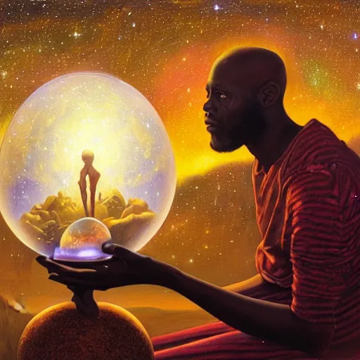 Image similar to an african psychic reading his crystal ball under a meteor shower, greg rutkowski and android jones and amanda sage, oil on canvas, 8k