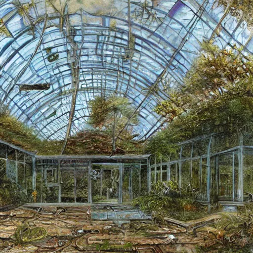 Image similar to concept art of an abandoned greenhouse with subtle psychedelic alterations by john howe and henry ossawa tanner, trending on artstation, hyperrealism, highly detailed, art gallery, museum piece