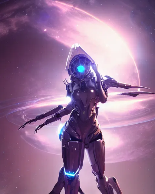 Image similar to perfect android girl on a mothership, warframe armor, beautiful face, scifi, futuristic, galaxy, nebula, raytracing, dreamy, long white hair, blue cyborg eyes, sharp focus, cinematic lighting, highly detailed, artstation, divine, by gauthier leblanc, kazuya takahashi, huifeng huang