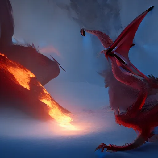 Image similar to female and dragon merging into one, surrounded by fire, water, and ice, cineamic, Unreal Engine, 8K,
