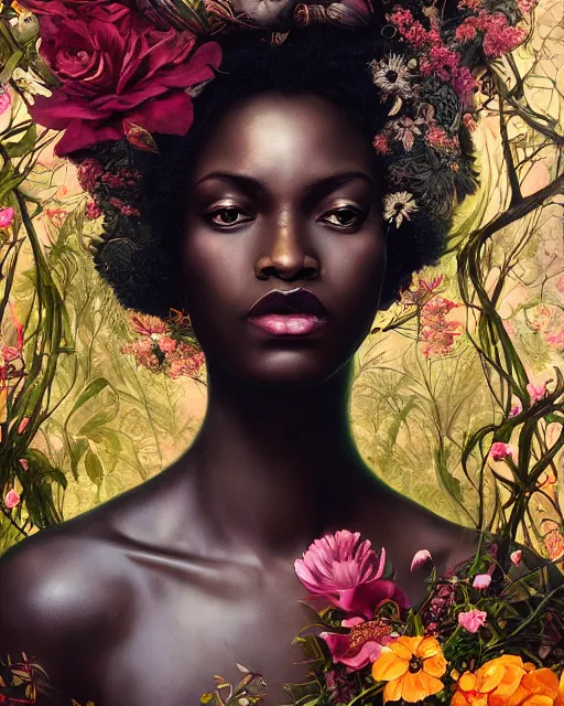 Image similar to portrait of the african queen of the underworld, surrounded by flowers by karol bak, james jean, tom bagshaw, rococo, sharp focus, trending on artstation, cinematic lighting, hyper realism, octane render, 8 k, hyper detailed.