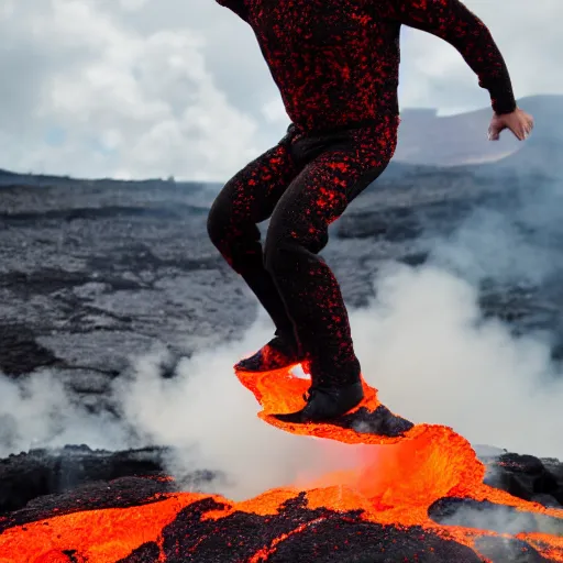 Image similar to elderly man jumping over a lava flow, jump, stunt, volcano, hot, eruption, magma, lava, canon eos r 3, f / 1. 4, iso 2 0 0, 1 / 1 6 0 s, 8 k, raw, unedited, symmetrical balance, wide angle