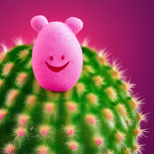 Prompt: Realistic pink cactus with laughing face in the desert, movie shot, studio shot, studio lighting, 8k
