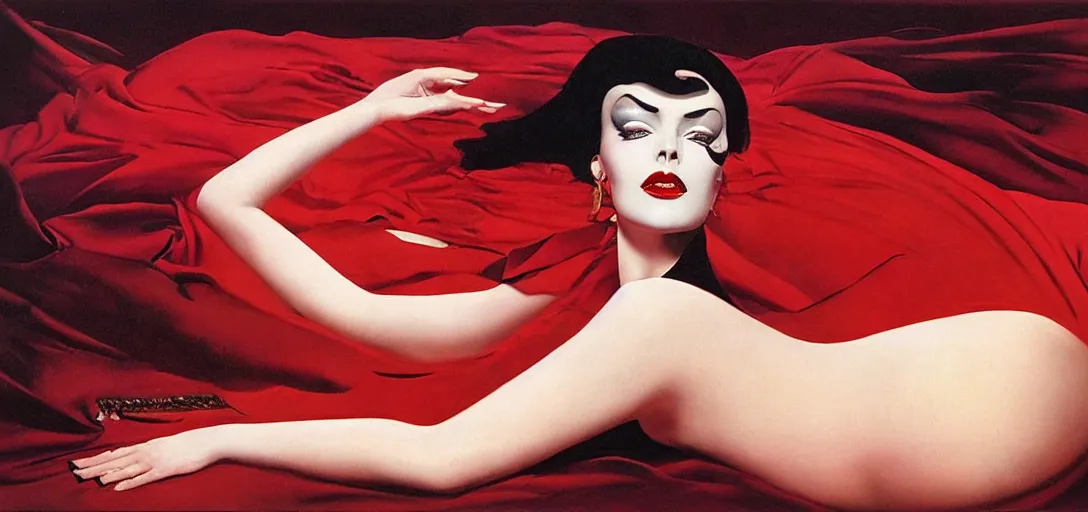 Prompt: an 8 0's portrait of a woman with dark eye - shadow and red lips with dark slicked back hair dreaming acid - fueled hallucinations by serge lutens, rolf armstrong, delphin enjolras, peter elson, flat surreal psychedelic colors, background of classic red cloth