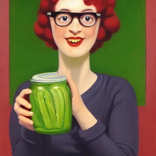 Prompt: a smiling girl with short grey red hair and dark rim glasses, she is proudly holding a fido jar into the camera. close up. the fido jar is filled with big green pickles. painting by gertrude abercrombie, by rolf armstrong, by chesley bonestell