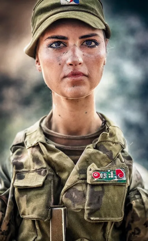 Prompt: portrait photo of an italian soldier girl, highly detailed, dirt splash and smoke in the background, high resolution, cosplay photo, stunning, girls frontline style, bokeh soft, shot on 70mm, zenithal lightning, trending on instagram, by award winning photographer, realistic human anatomy, real human faces, realistic military carrier, soldier clothing, modern warfare, in combat stance, shot with a professional camera, low saturation, soldier clothing