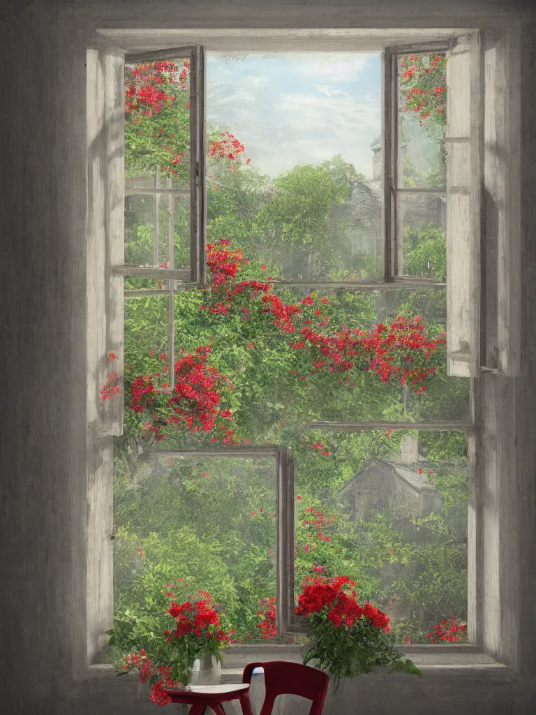 Prompt: a old house window with a vase of red flowers with view to a sunrise, blue wall, a wooden chair near the window, concept art, octane render, unreal engine 5, trending on deviantart, highly detailed, high quality, hd, digital painting, masterpiece, geometric, symmetrical, low contrast, beautiful, serene landscape, high coherence, natural lighting