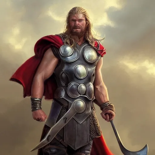 Image similar to viking looking thor, d & d, fantasy, portrait, highly detailed, full body, digital painting, trending on artstation, concept art, sharp focus, illustration, art by artgerm and greg rutkowski and magali villeneuve