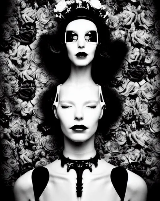 Image similar to dreamy surreal poetic black and white photo of a beautiful young bio-mechanical-female-cyborg-plastic-robot with a very long neck and a super big gothic lace collar and a very high big floral crown with many black dry roses by Vivienne Westwood:: smoke, high fashion, haute couture, rococo, avant-garde, elegant, dreamy, hyper realistic, 150 mm lens, soft rim light, octane render, unreal engine, picture was taken in 1910 by Dora Maar, volumetric lighting, dramatic light,8k,