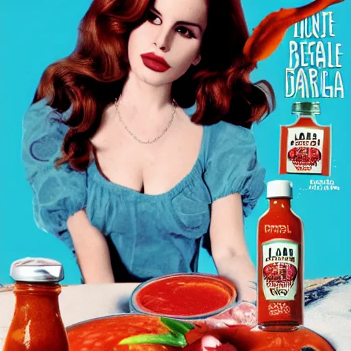 Prompt: Lana Del Rey on the cover of a bottle of hot sauce