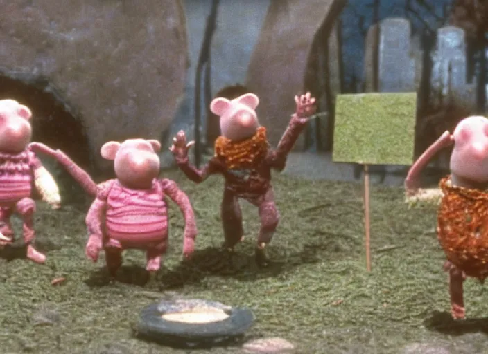 Prompt: a scene from a 1 9 8 0 s british kids tv programme by the bbc and oliver postgate, stop motion animation, the clangers, vhs distortion, folk horror