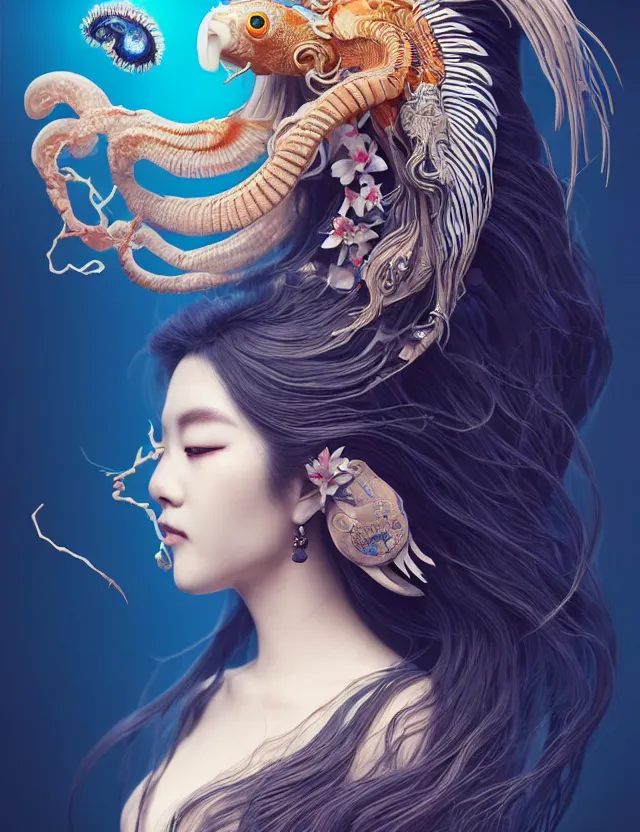 Image similar to 3 d goddess half - turn portrait with long hair with ram skull. beautiful intricately detailed japanese crow kitsune mask and clasical japanese kimono. betta fish, jellyfish phoenix, bio luminescent, plasma, ice, water, wind, creature, artwork by tooth wu and wlop and beeple and greg rutkowski