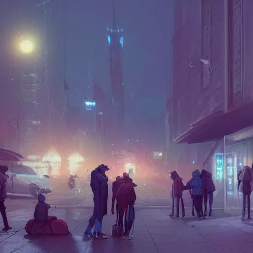 Image similar to some people waiting at bus stop in dark city night : : by beeple and james gilleard and justin gerard : :, centered, artstation, smooth, sharp focus, photoreal octane render, 3 d, by jean - baptiste monge!!!!!!!