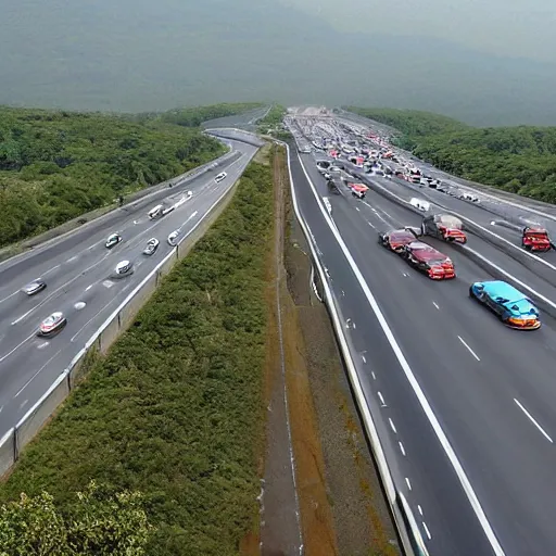 Prompt: a massive highway, infinite lanes, huge traffic jam, in the middle of nowhere
