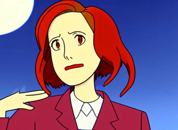 Prompt: an animation still of dana scully, in the style of studio ghibli, netflix animation, toei animation, filmation animation, traditional animation, sharp detail, animation cel, 2 - level shading