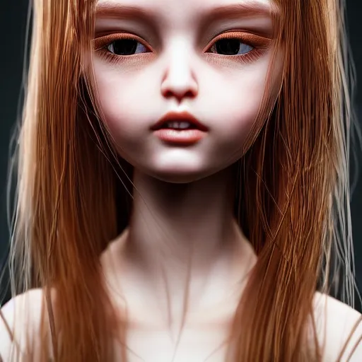 Image similar to Beautiful bjd doll girl head, long shiny hair, intricate detailed, cracked lines repaired with kintsugi, symmetrical face, sharp focus, octane render, high quality, 8k, volumetric lighting, on black background, trending on pinterest