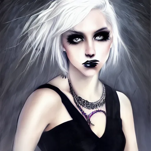 Image similar to Young woman, white hair, emo makeup, wearing dress, hyper realism, high detailed, 4k,