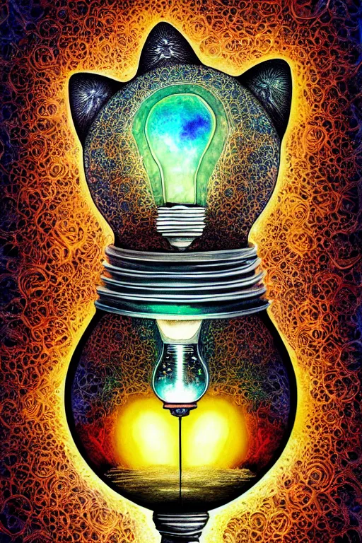 Image similar to portrait of a cat inside a light bulb, modern fine art, dreamscape, intricate, elegant, subsurface scattering, highly detailed, pop art painting, organic acrylic flow art, psychedelic fractal art, acrylic art, watercolor, featured on deviantart, cgsociety