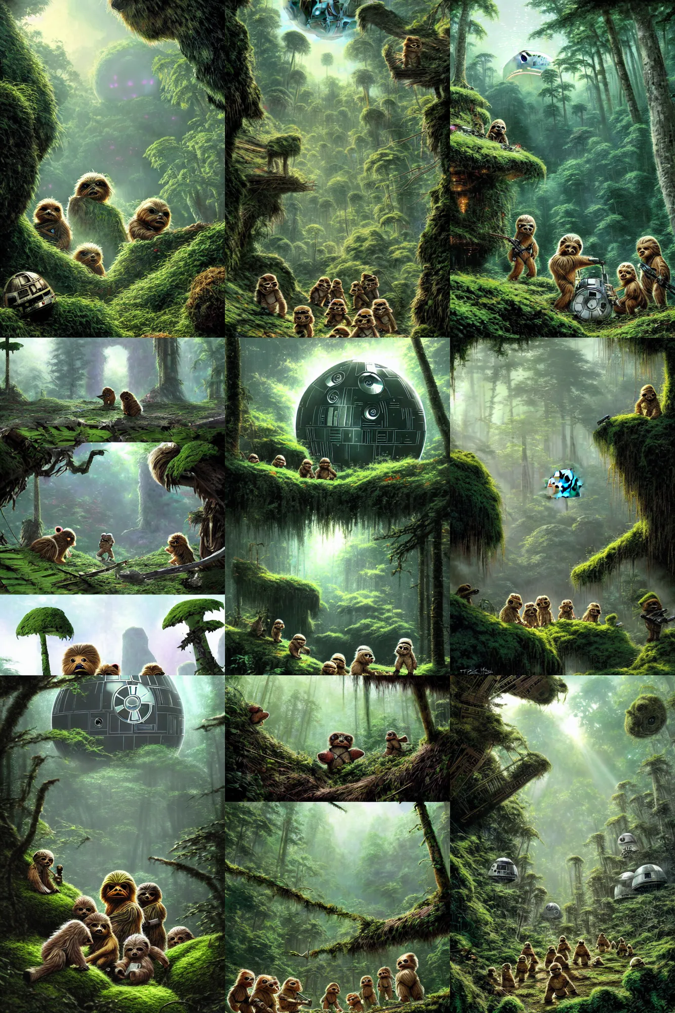 Prompt: a group of young and cute ewoks are playing in the ruins of the destroyed deathstar which has fallen on the jungle moon endor, large pieces of destroyed metal overgrown with moss and plants, light from above, art by thomas kinkade, trending on artstation