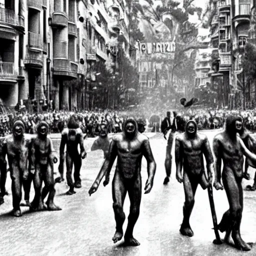 Prompt: still of planet of the apes 1 9 6 8, in cibeles, madrid city