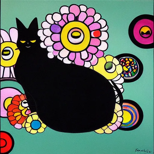 Image similar to a painting of an adorable sweet fat black cat sleeping in the style of takashi murakami