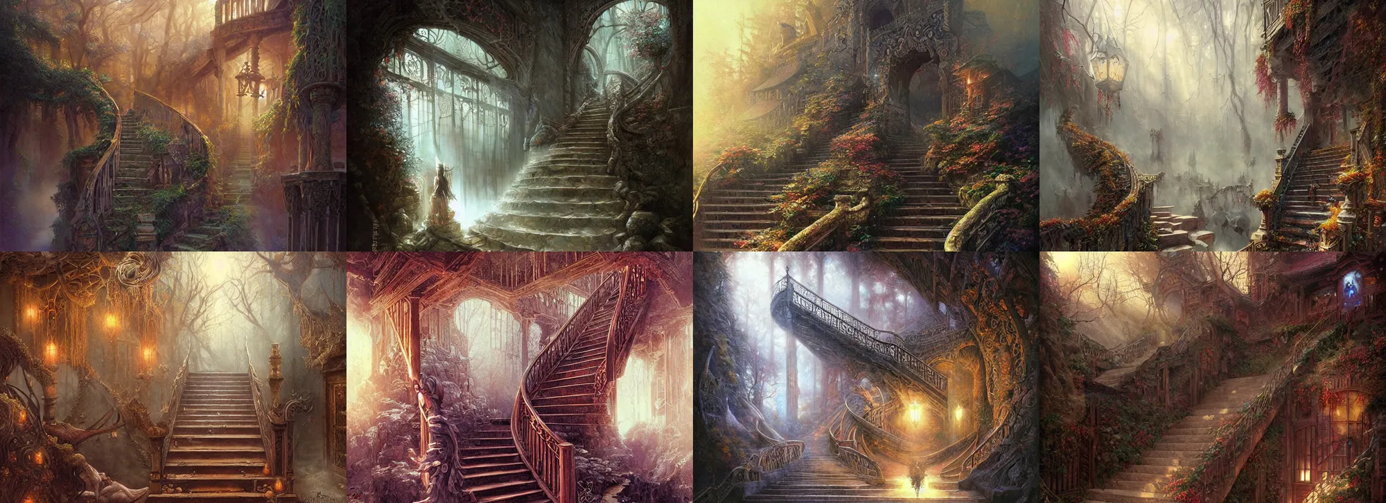 Prompt: large rustic intricately decorated stairway, a view to an eerie fantasy world, ethereal back light, mist, coherent composition, detailed fantasy painting by artgerm, noriyoshi ohrai, yuumei