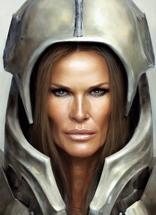 Image similar to a professional painting of Elle Macpherson, clothed in military armor, olive skin, long dark hair, beautiful bone structure, symmetrical facial features, intricate, elegant, digital painting, concept art, smooth, sharp focus, illustration, from StarCraft by Ruan Jia and Mandy Jurgens and Artgerm and William-Adolphe Bouguerea