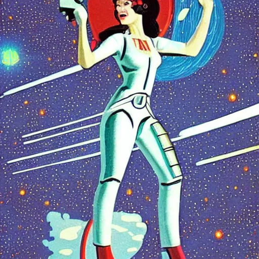 Prompt: retro sci - fi art of a beautiful woman in a retro - future spacesuit floating through space. she is holding a lazer blaster in hand.