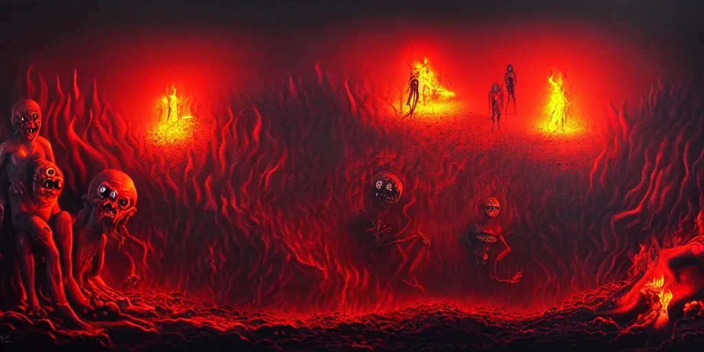 Image similar to repressed emotion creatures and monsters at the mouth of hell, dramatic lighting glow from giant fire, attempting to escape and start a revolution, in a dark surreal painting by ronny khalil