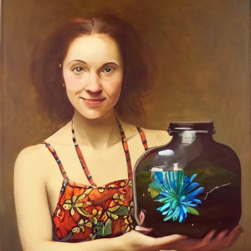 Image similar to a beautiful woman holding a gift. The gift is a fishbowl. The fishbowl has fish inside. Colorful. Oil on canvas.