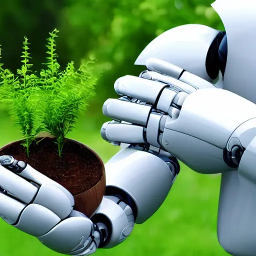 Image similar to robot in his hands is holding a small piece of land with a small ecological green plant