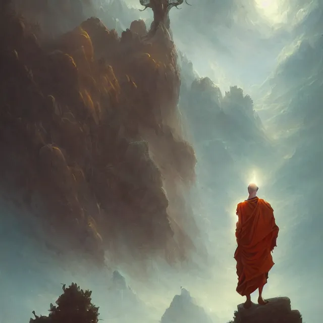 Image similar to in the style of peter mohrbacher, a glowing monk floating and meditating on a rock, dystopian landscape, intricate, masterpiece, award winning, fantasy, hyperrealism intricate