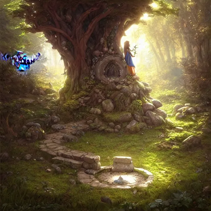 Image similar to Fantasy Magical fairy-tale stone portal in the forest. Round stone portal teleport in trees to other worlds. Fantastic landscape. Magic Altar in the fores, highly detailed, digital painting, artstation, concept art, smooth, sharp focus, illustration, art by artgerm and greg rutkowski and alphonse mucha